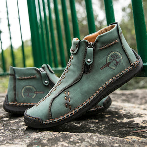 Men's Handmade Boots, Classic Stitching Ankle Boots, Outdoor Casual Zipper Shoes - Carvan Mart