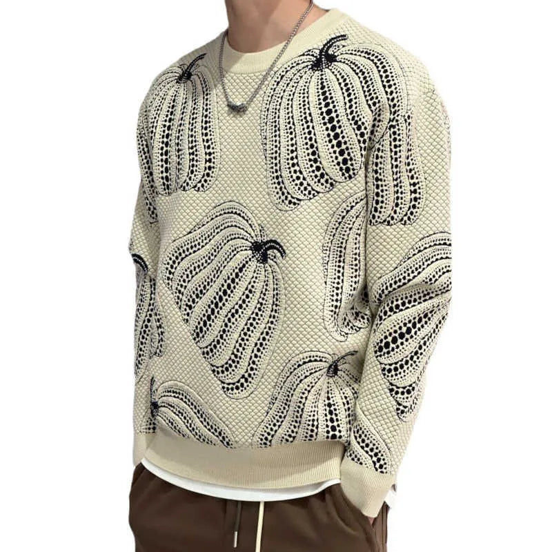 Color Matching Jacquard Crew-neck Sweater Man - Beige - Men's Sweaters - Carvan Mart