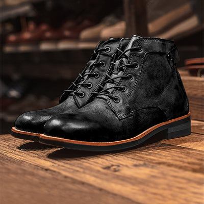 Retro Boots Men's Lace-up Leather Ankle Boot Low Heel Motorcycle Shoes - Black - Men's Boots - Carvan Mart