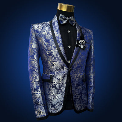 Men's Two Piece Blue Suit Floral Wedding Singer Prom Suit - - Men Suits & Sets - Carvan Mart