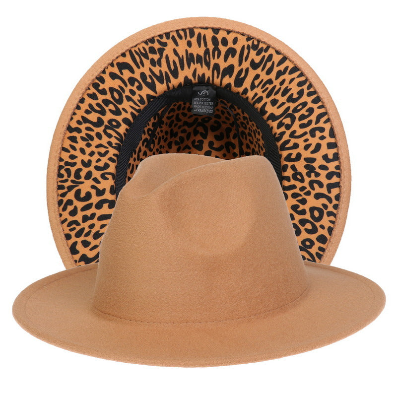 Double-sided Color-blocking Leopard Print Woolen Fedora Hat - Khaki Leopard Print M - Men's Hats & Caps - Carvan Mart