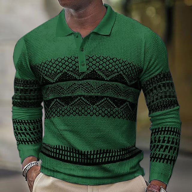 Men's Long Sleeve Polo Shirt - Stylish Geometric Knit Design for Casual and Sports Wear - Green - Men's Shirts - Carvan Mart