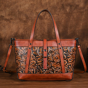 Genuine Leather Hand Carved Bag Engraved Vegan Leather Handbag - - Shoulder Bags - Carvan Mart