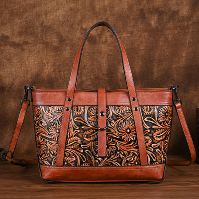 Genuine Leather Hand Carved Bag Engraved Vegan Leather Handbag - - Shoulder Bags - Carvan Mart