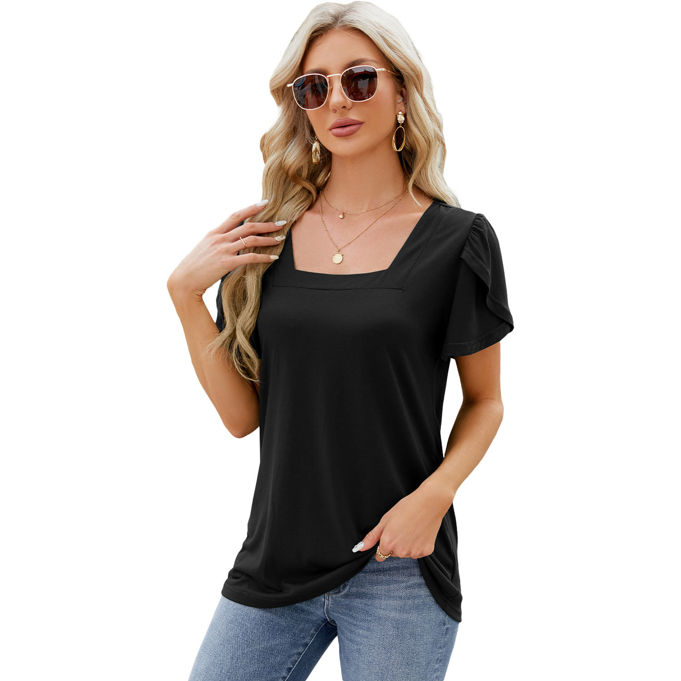 Bohemian Summer Top Square Neck With Petal Sleeve Design Women's T-shirt - Black - Blouses & Shirts - Carvan Mart