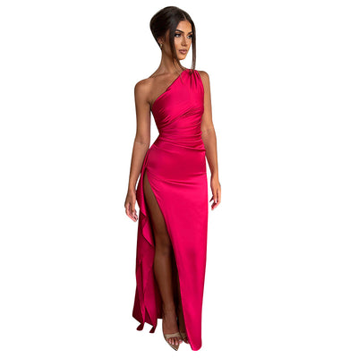 Women's One-shoulder Pleated Split Satin Dress Elegant Slim-fit Dress - - Dresses - Carvan Mart