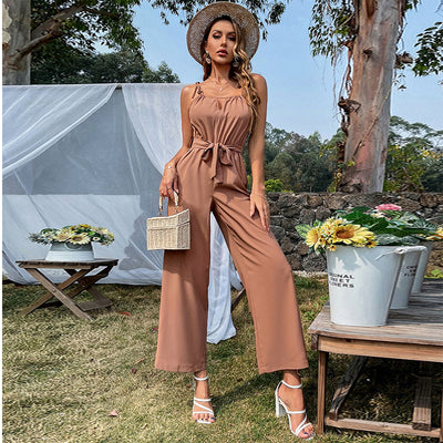 Sleeveless Culotte Jumpsuit Boho Belted Wide-Leg Jumpsuit - Carvan Mart