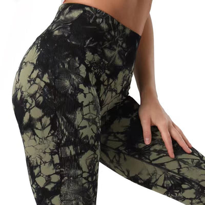 Tie Dye Printed Leggings High Waist Hip Lifting Tight Sports Women Yoga Pants - Black Green - Leggings - Carvan Mart