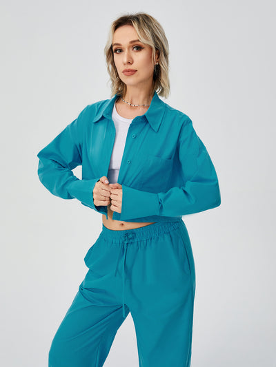 Women's Long Sleeve Button Down Wide Leg Loungewear Two Piece Pajama Set - Blue - Tops & Tees - Carvan Mart