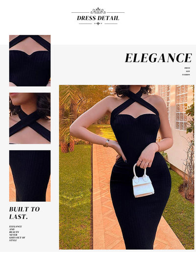 Elegant Black Halter Cocktail Dress - Tube Top Pencil Skirt for Evening Parties and Catwalks - Carvan Mart