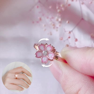 Cherry Blossom Rotatable Ring Ins Feminine Rose Quartz Band Rings - Carvan Mart