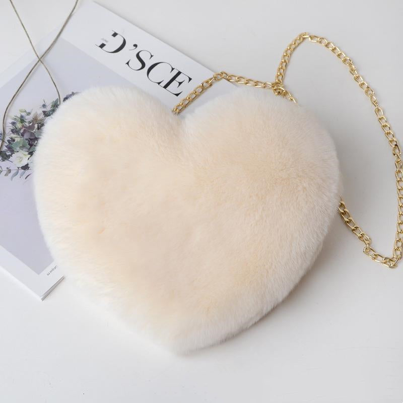 Love Bag for Women - Plush Heart-Shaped Chain-Strap Handbag with Sequins for Parties - Off white - Shoulder Bags - Carvan Mart