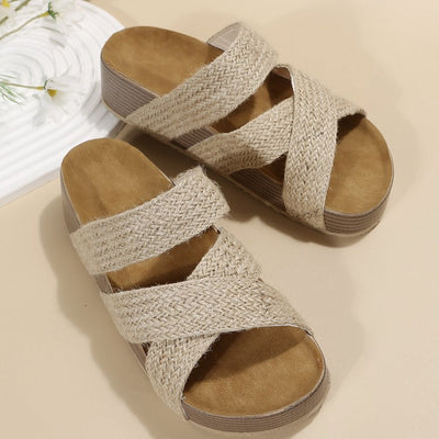 Woven Cross-strap Slippers Summer Platform Sandals Women Flat Beach Shoes - Carvan Mart