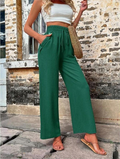 Women's High-Waisted Wide Leg Pants - Casual Loose Fit Drawstring Trousers - Dark Green - Pants & Capris - Carvan Mart