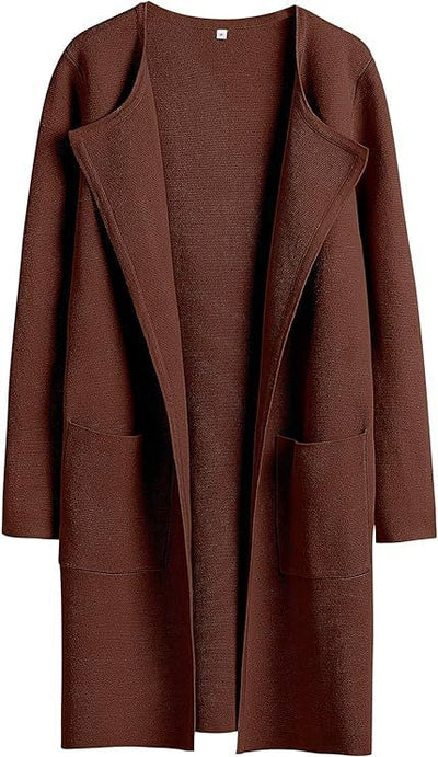 Women's Woolen Coat With Pockets Autumn And Winter Temperament Slim Fit Mid Length Jacket Comfortable Casual Lapel Coat - Dark Brown - Women's Coats & Jackets - Carvan Mart