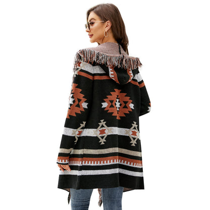 Loose Hooded Tassel Geometric Women's Brocade Sweater Coat