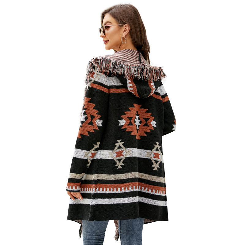 Loose Hooded Tassel Geometric Women's Brocade Sweater Coat - Carvan Mart