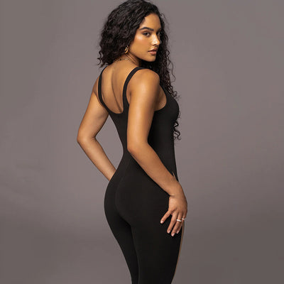 Women's Sleek Bodysuit Jumpsuit - Black with Contrast Side Stripes - Carvan Mart