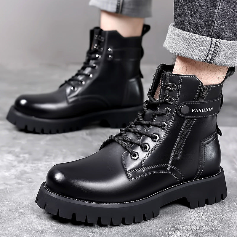 Mens Fashion Thick-soled High-top Wearable Martin Boots - Black Wool - Men's Boots - Carvan Mart