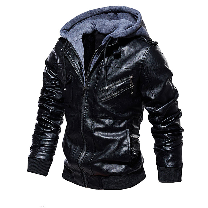 Men Hooded Leather Jacket Thick Motorcycle Windproof Casual Winter Jacket - Carvan Mart