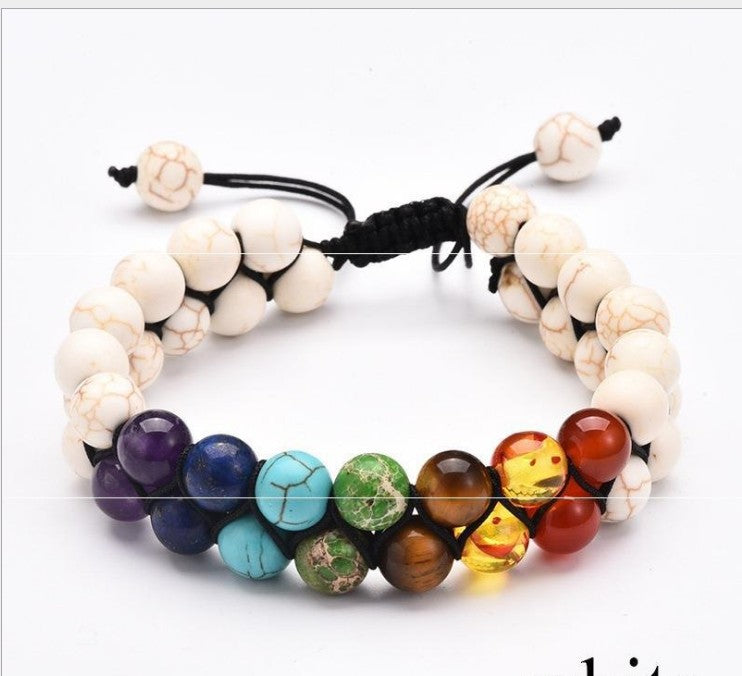 Colorful Stone European And American Men's Black Volcanic Rock Yoga Energy Bracelet - Turquoise White - Men's Jewelry - Carvan Mart