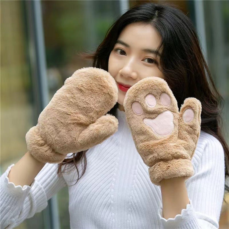 Plush Thickened Warm Plush Gloves Finger Cute Simple White Gloves - Embroidery Khaki - Women Gloves & Mittens - Carvan Mart