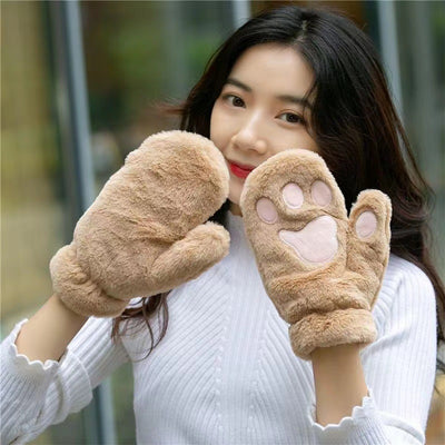 Plush Thickened Warm Plush Gloves Finger Cute Simple White Gloves - Embroidery Khaki - Women Gloves & Mittens - Carvan Mart