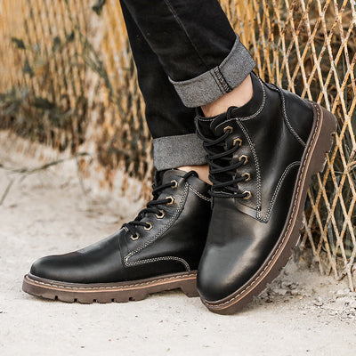 Vintage Men's Leather Boots Worke High-top Shoes - Black - Men's Boots - Carvan Mart