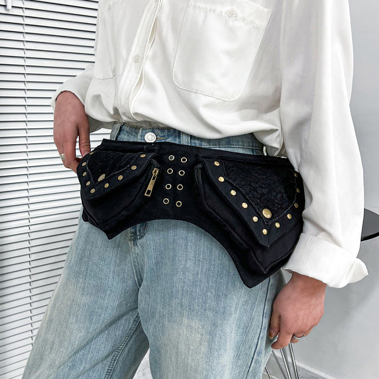 Vintage Belt Bag with Pockets - Studded Waist Bag for Women - - Shoulder Bags - Carvan Mart