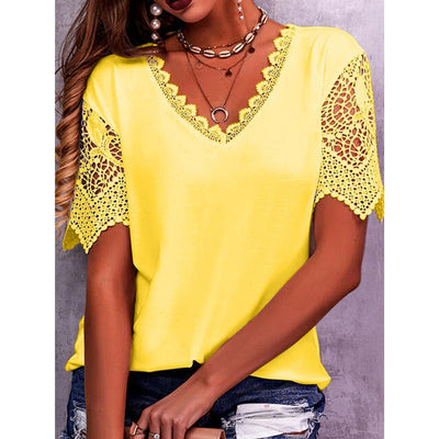 Lace Tops Women Summer Loose V Neck Short Sleeve Casual Shirts - Yellow - Blouses & Shirts - Carvan Mart