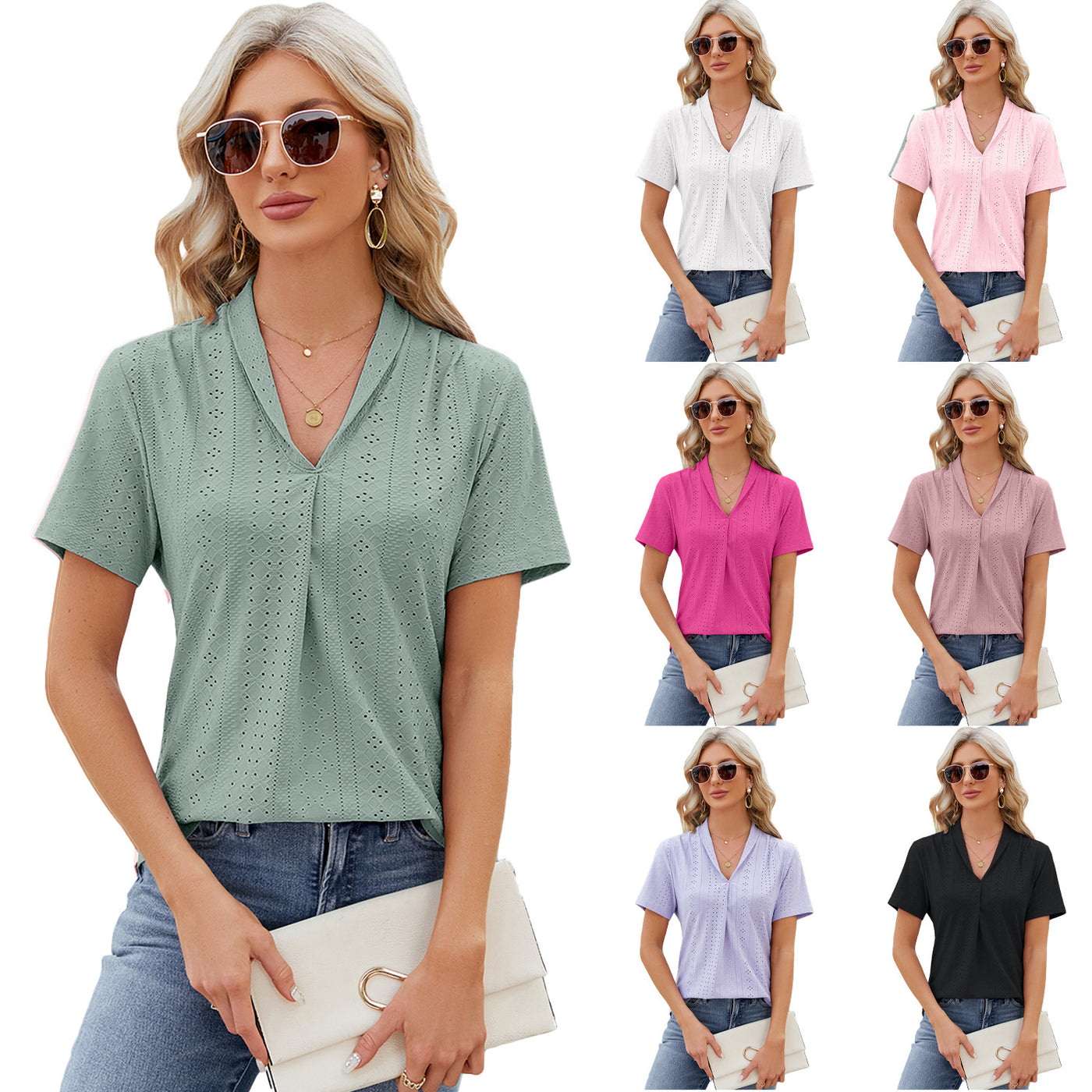 V-neck Hollow T-shirt Women's Summer Loose Short-sleeve Top - Carvan Mart