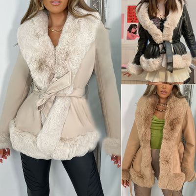 Women’s Lillie Belted Fur Hooded Coat Collar Lace-up Waist Coat - Carvan Mart