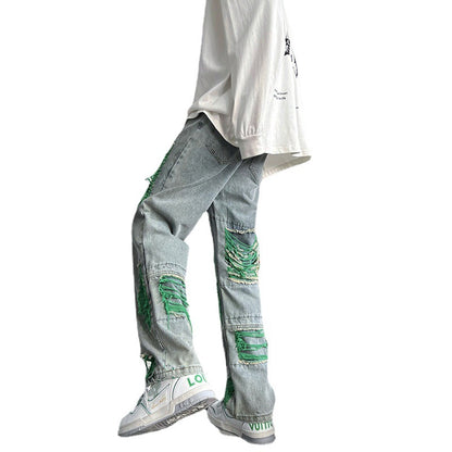Green Ripped Jeans For Men Raw Embroidery - Carvan Mart Ltd