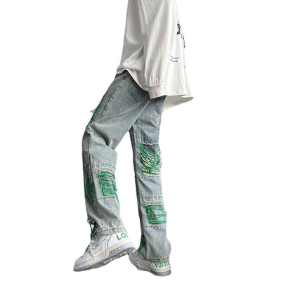 Green Ripped Jeans For Men Raw Embroidery - - Men's Jeans - Carvan Mart