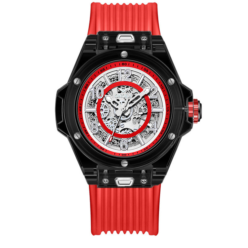 Men's Waterproof Transparent Automatic Mechanical Watch - Black And Red - Men's Watches - Carvan Mart