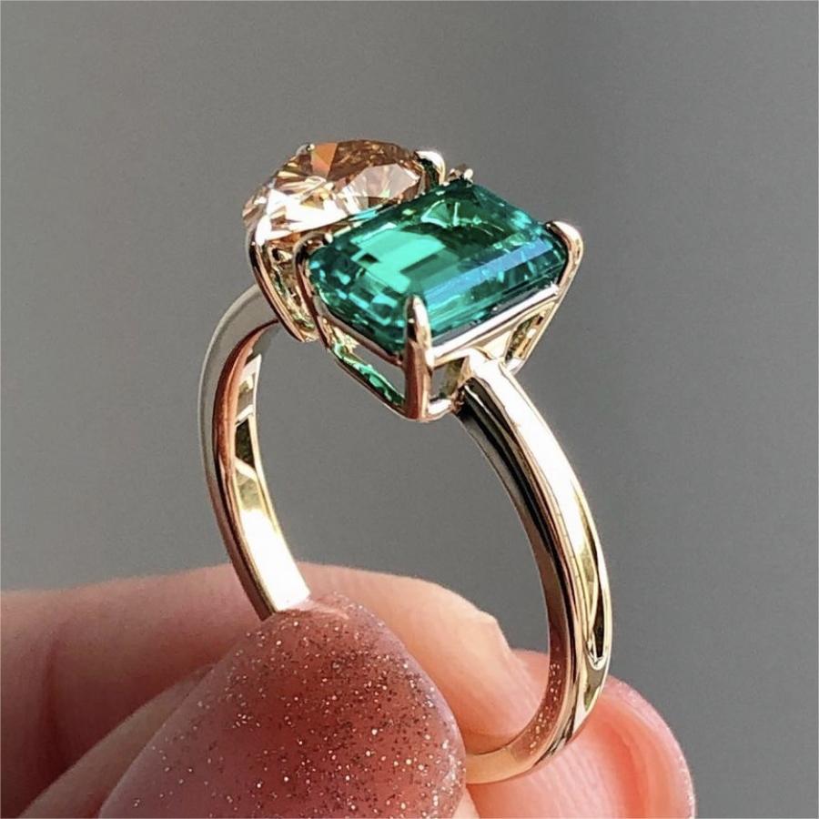 Fashion Jewelry Creative Double Stone Lady Green Yellow Zircon Ring Luxury Crystal Ring - Carvan Mart
