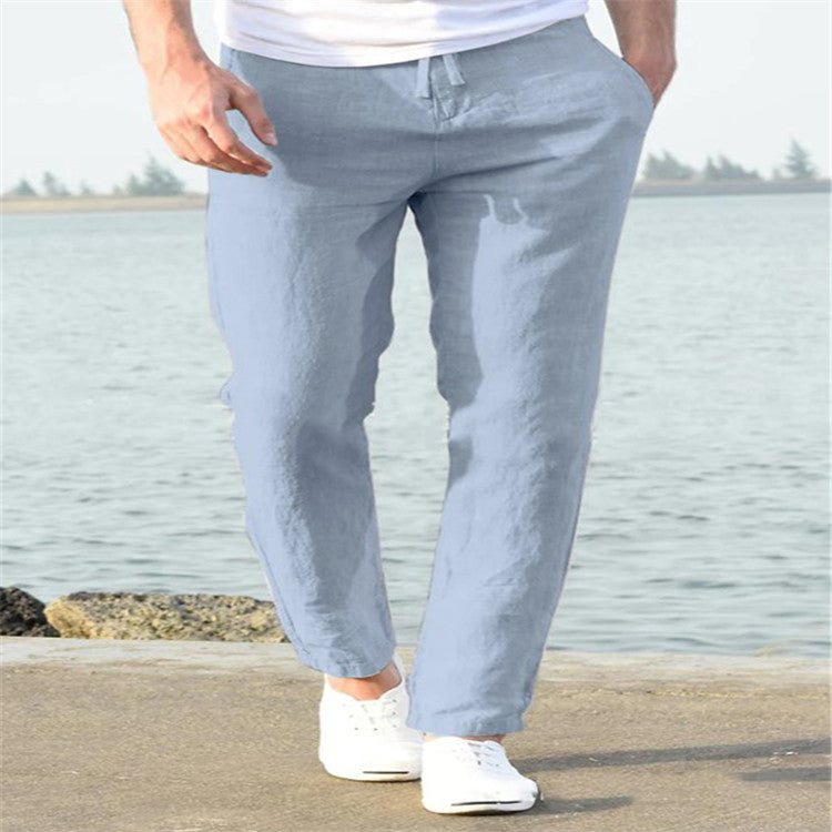 Men's Linen Summer Casual Pants - Comfortable Drawstring Trousers - Light Blue - Men's Pants - Carvan Mart