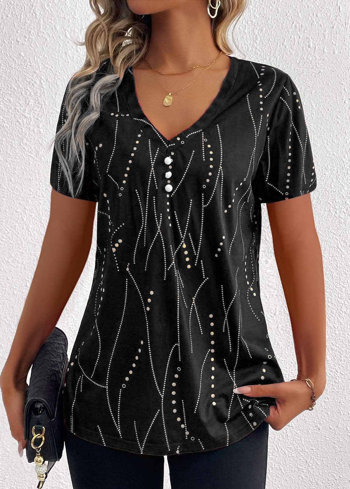 V-neck Button T-shirt Women's Summer Fashion Leisure Short-sleeve Top - Black - Blouses & Shirts - Carvan Mart