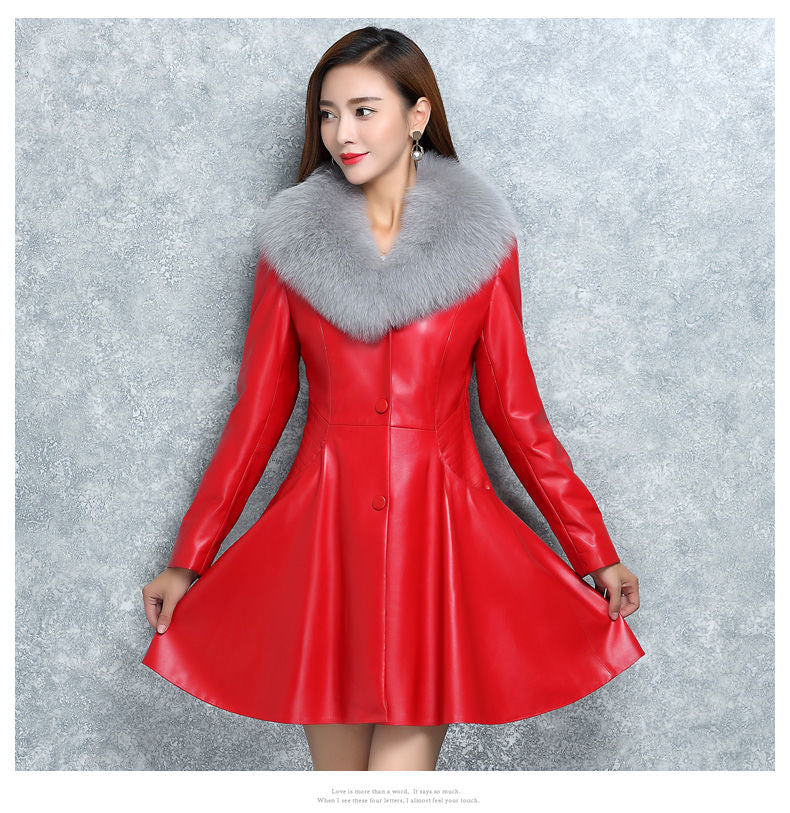 Women's Faux Fox Fur Collar Coat Leather Parka Coat - - Leather & Suede - Carvan Mart