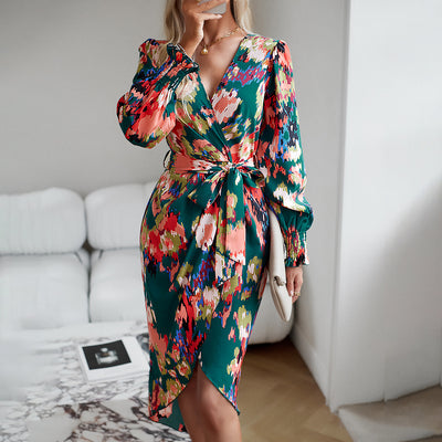 Printed Dress With Wrap Women's Elegant V-neck A Dress - Carvan Mart