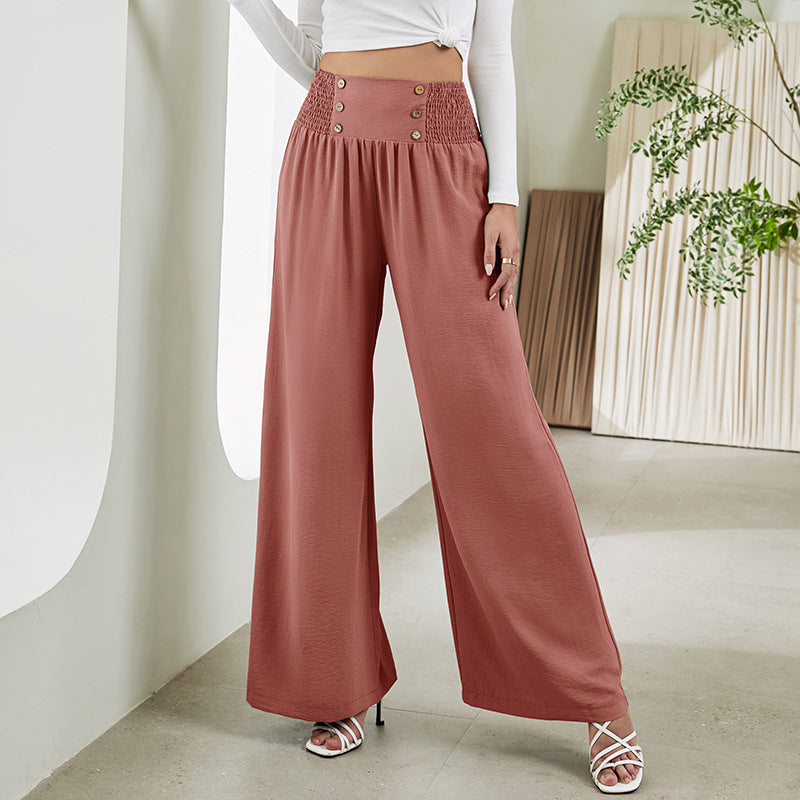 Chic Wide-Leg Pants for Women - High Waist Button Detail - Carvan Mart