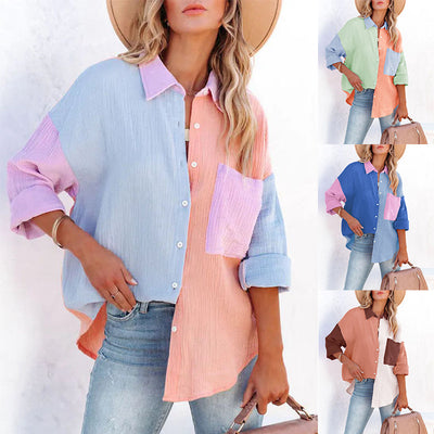 Casual Women's Blouses Color Contrast Patchwork Drop-shoulder Long-sleeve Formal Dress Shirts - Carvan Mart