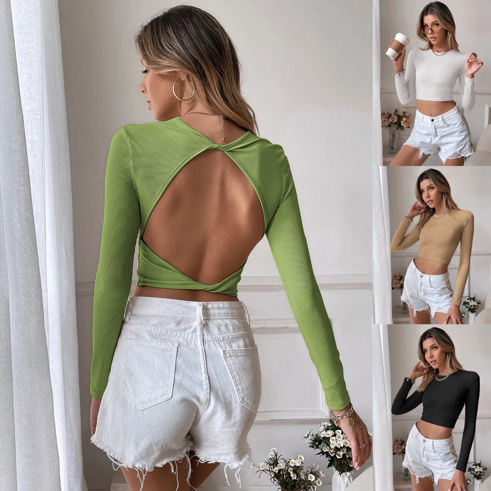 Sexy Backless Casual Short Slim Knit Long Sleeve Women's T-shirt Top - - Blouses & Shirts - Carvan Mart