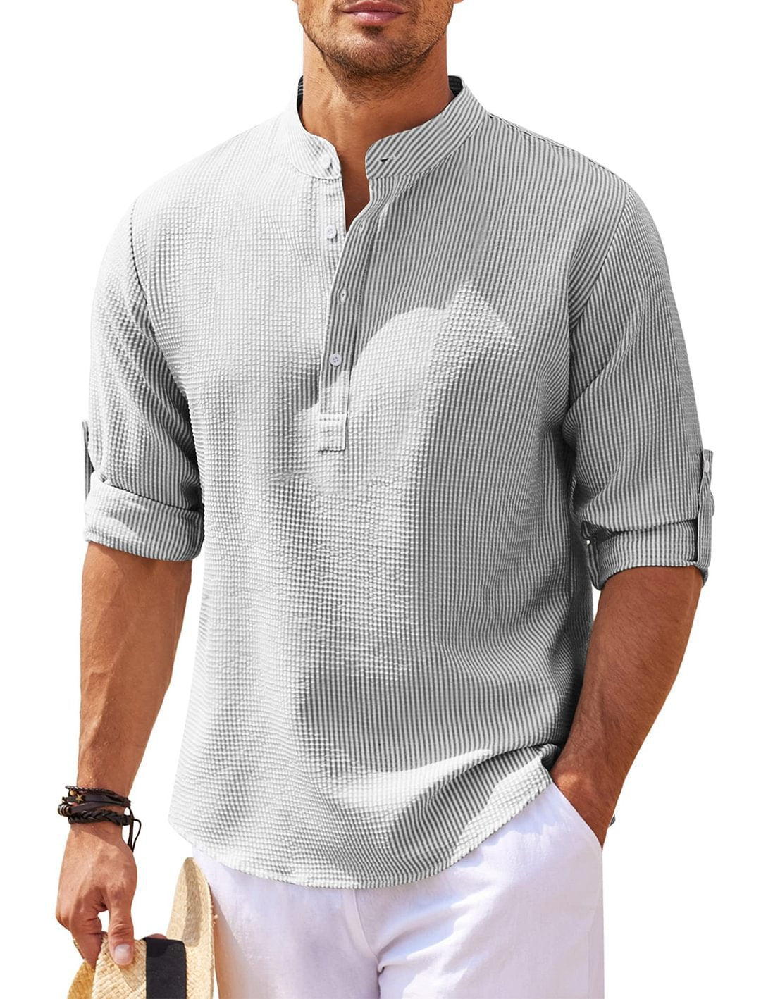 Men's Casual Long Sleeve Stand Collar Solid Color Shirt - Carvan Mart