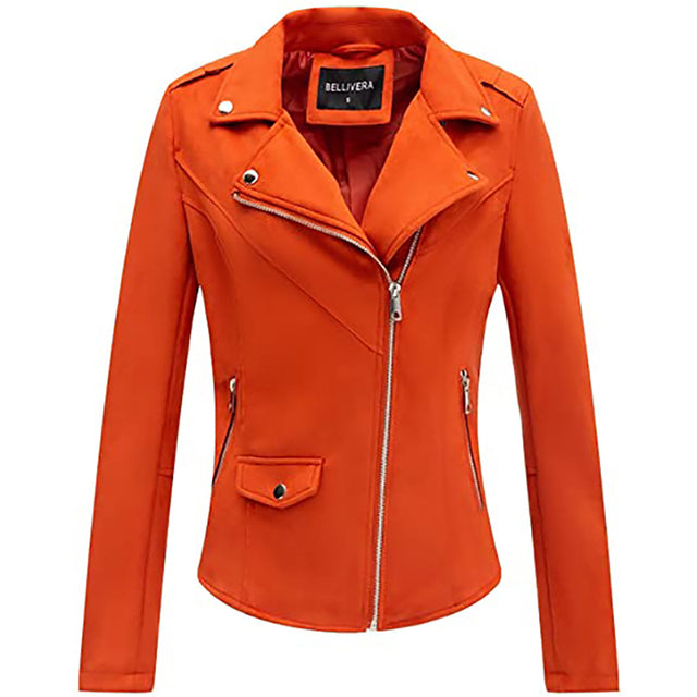 Gulshan Flowers Embroidery PU Leather Jacket Women - Orange - Leather & Suede - Carvan Mart