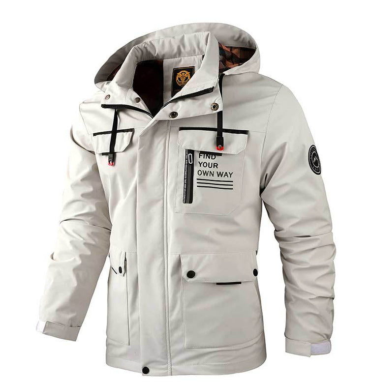 Men's Casual Hooded Jacket Parka Autumn And Winter Warm Solid Color Windproof Coat Outdoor Clothes With Multiple Pockets - White - Men's Jackets & Coats - Carvan Mart