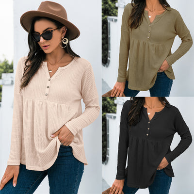 Women's Button Waffle Loose Long Sleeve Top - - Tops & Tees - Carvan Mart