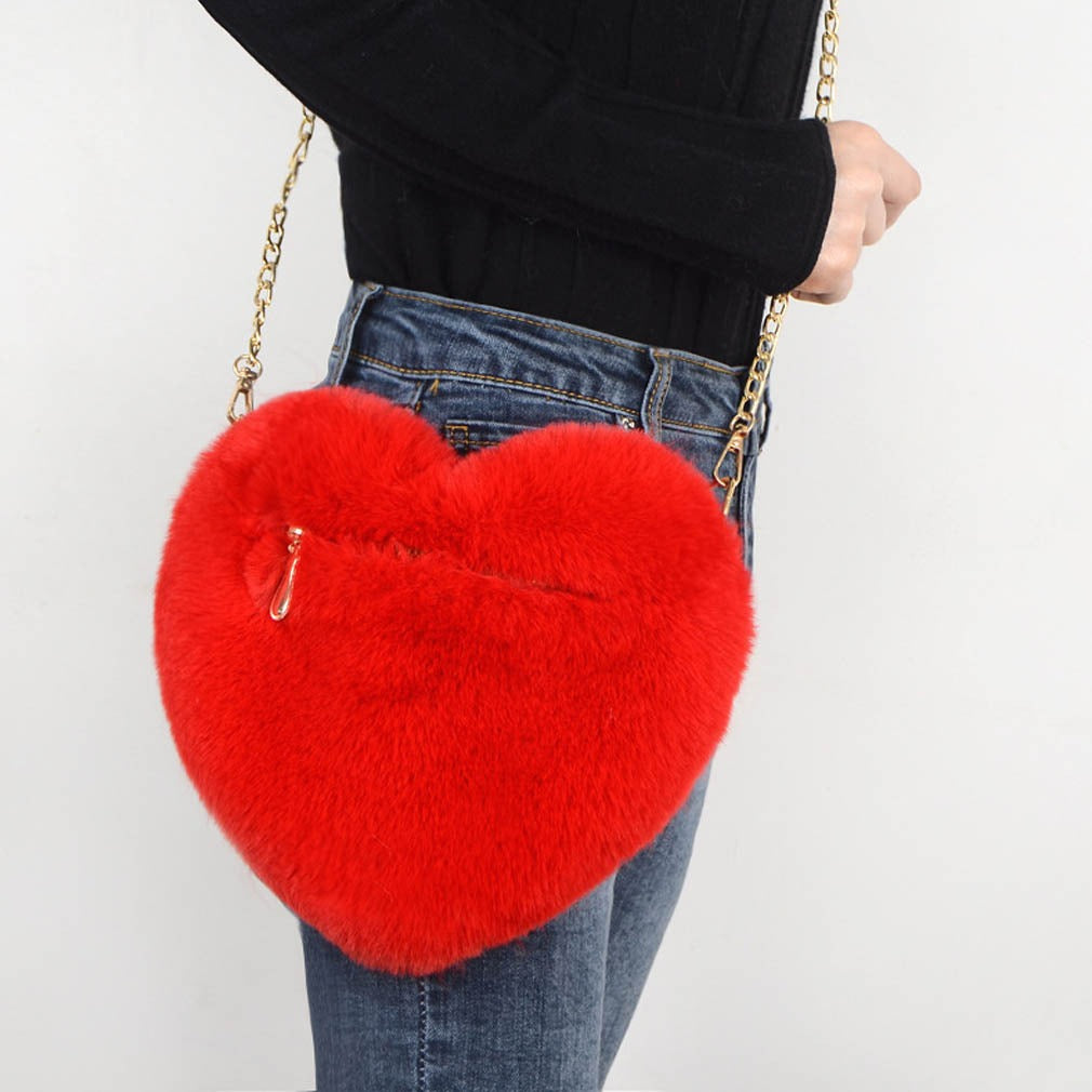 Love Bag for Women - Plush Heart-Shaped Chain-Strap Handbag with Sequins for Parties - - Shoulder Bags - Carvan Mart