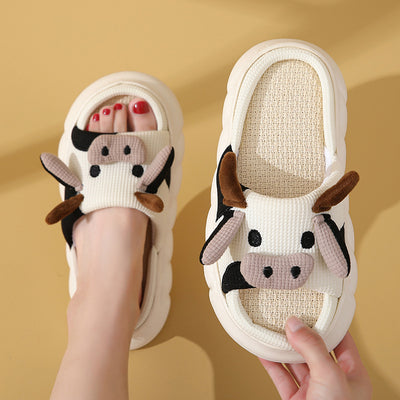 Cute Cartoon Cow Frog Slippers Linen Non-slip Shoes Indoor Garden Home Slippers - - Women's Slippers - Carvan Mart