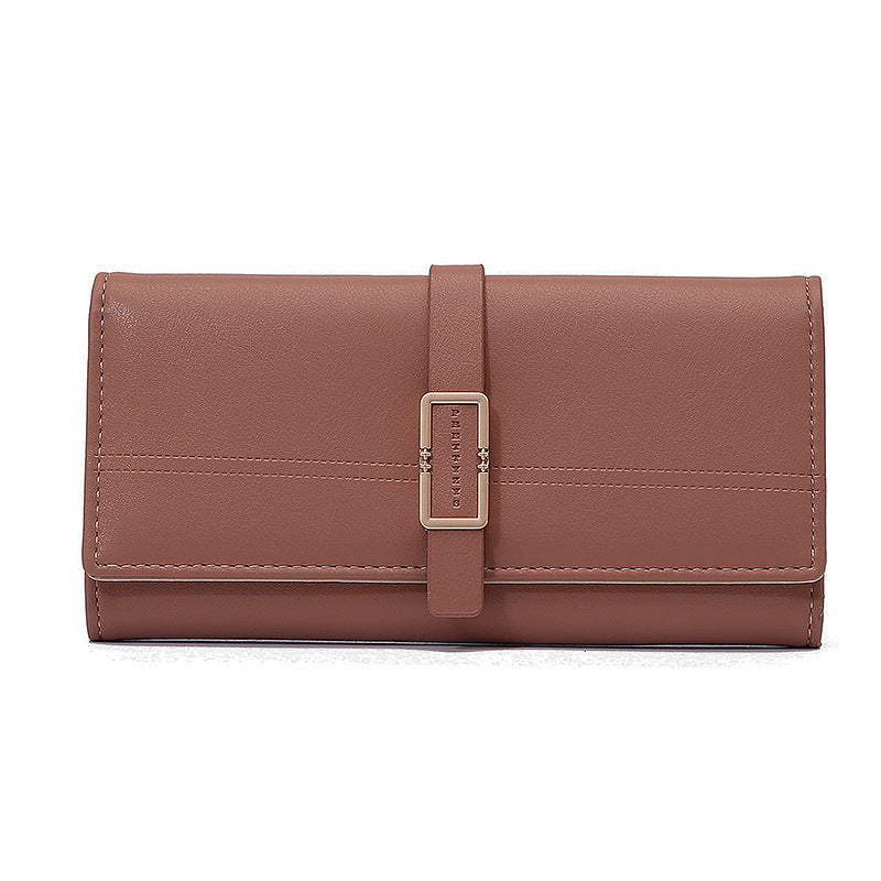 Long Metal Buckle Simple Tri-fold Clutch - Cameo Brown - Women's Wallet - Carvan Mart